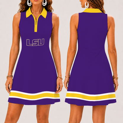 [FAN FAVORITE] NEW CUSTOMIZED NCAA FBS29 LST LSU TIGERS WOMEN'S ZIP SLEEVELESS POLO DRESS