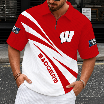 [FAN FAVORITE] NEW CUSTOMIZED NCAA MAM29 WSB WISCONSIN BADGERS QUARTER-ZIP POLO SHIRT
