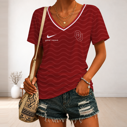[FAN FAVORITE] NEW CUSTOMIZED NCAA FBS31 OUS OKLAHOMA SOONERS V-NECK FEMALE SHIRT