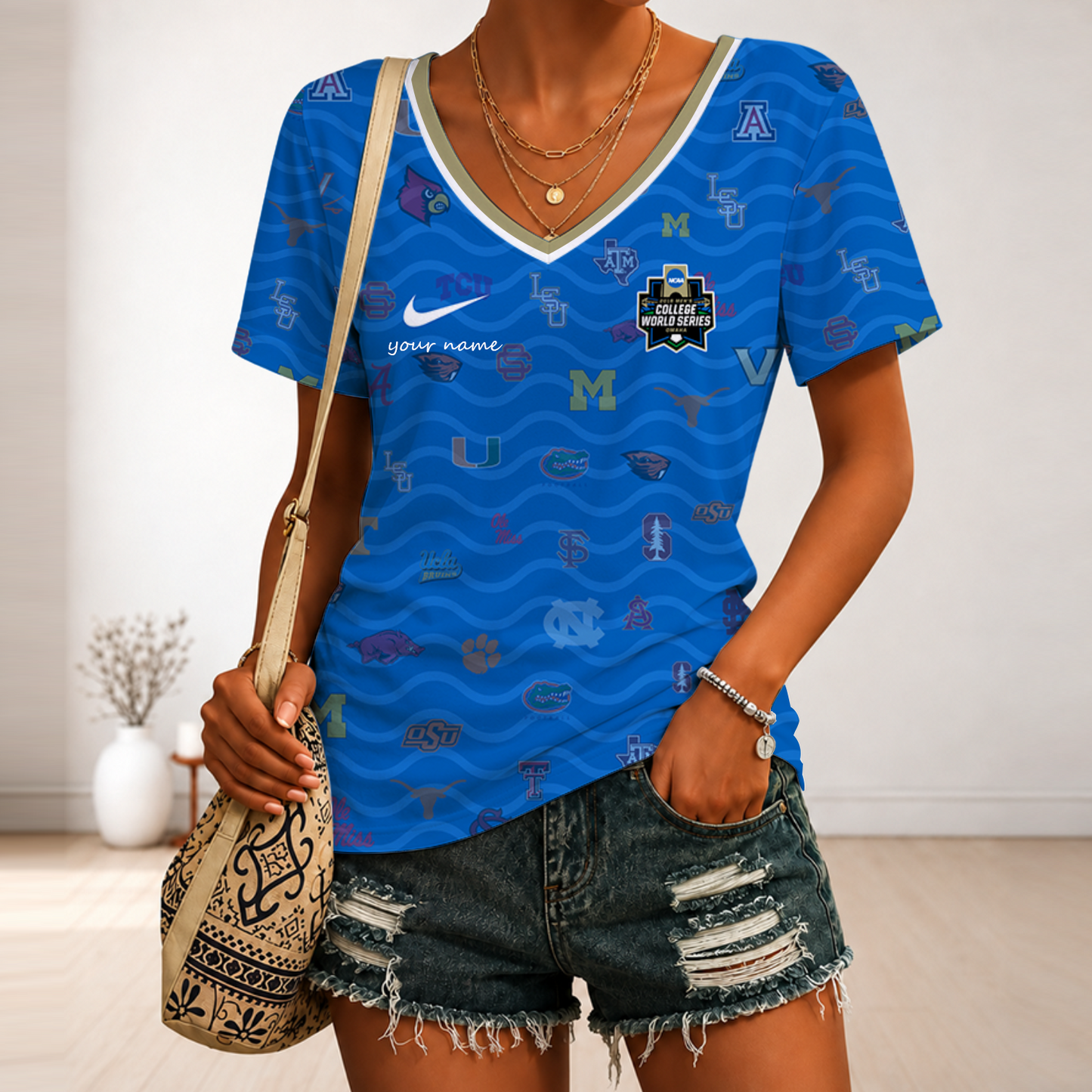 [FAN FAVORITE] NEW CUSTOMIZED NCAA CWS32 ALL TEAMS V-NECK FEMALE SHIRT