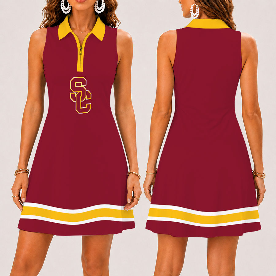 [FAN FAVORITE] NEW CUSTOMIZED NCAA FBS32 USC USC TROJANS WOMEN'S ZIP SLEEVELESS POLO DRESS