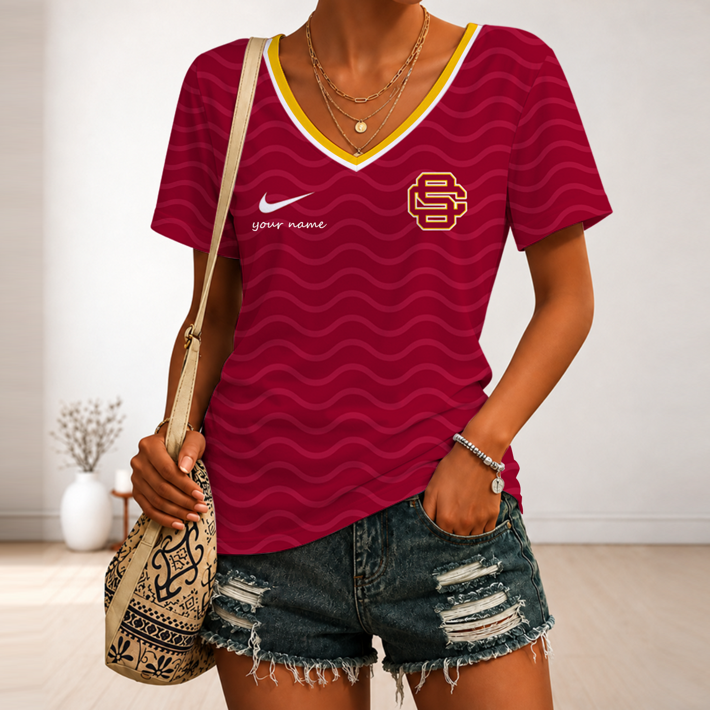 [FAN FAVORITE] NEW CUSTOMIZED NCAA FBS32 USC USC TROJANS V-NECK FEMALE SHIRT