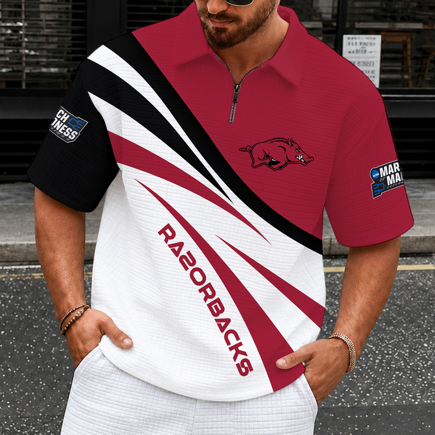 [FAN FAVORITE] NEW CUSTOMIZED NCAA MAM06 AKR ARKANSAS RAZORBACKS QUARTER-ZIP POLO SHIRT