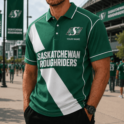 [FAN EXCLUSIVE] NEW CUSTOMIZED CFL08 SSK SASKATCHEWAN ROUGHRIDERS STRAPPY POLO SHIRT