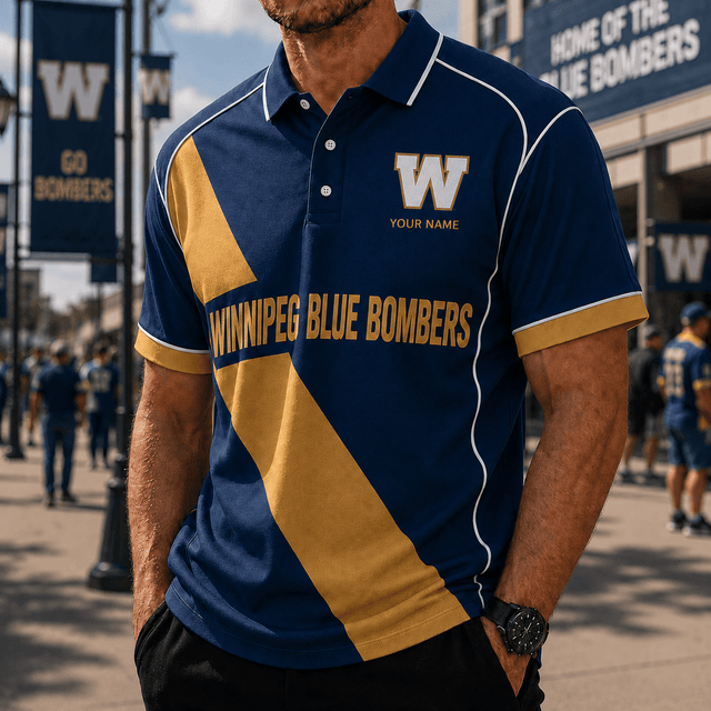 [FAN EXCLUSIVE] NEW CUSTOMIZED CFL09 WPG WINNIPEG BLUE BOMBERS STRAPPY POLO SHIRT